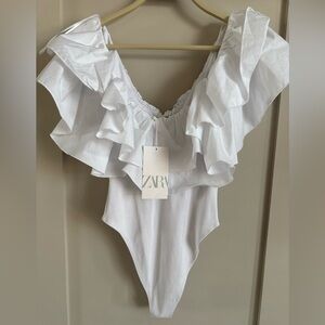 Zara NWT Ruffled White Top Bodysuit Size Medium